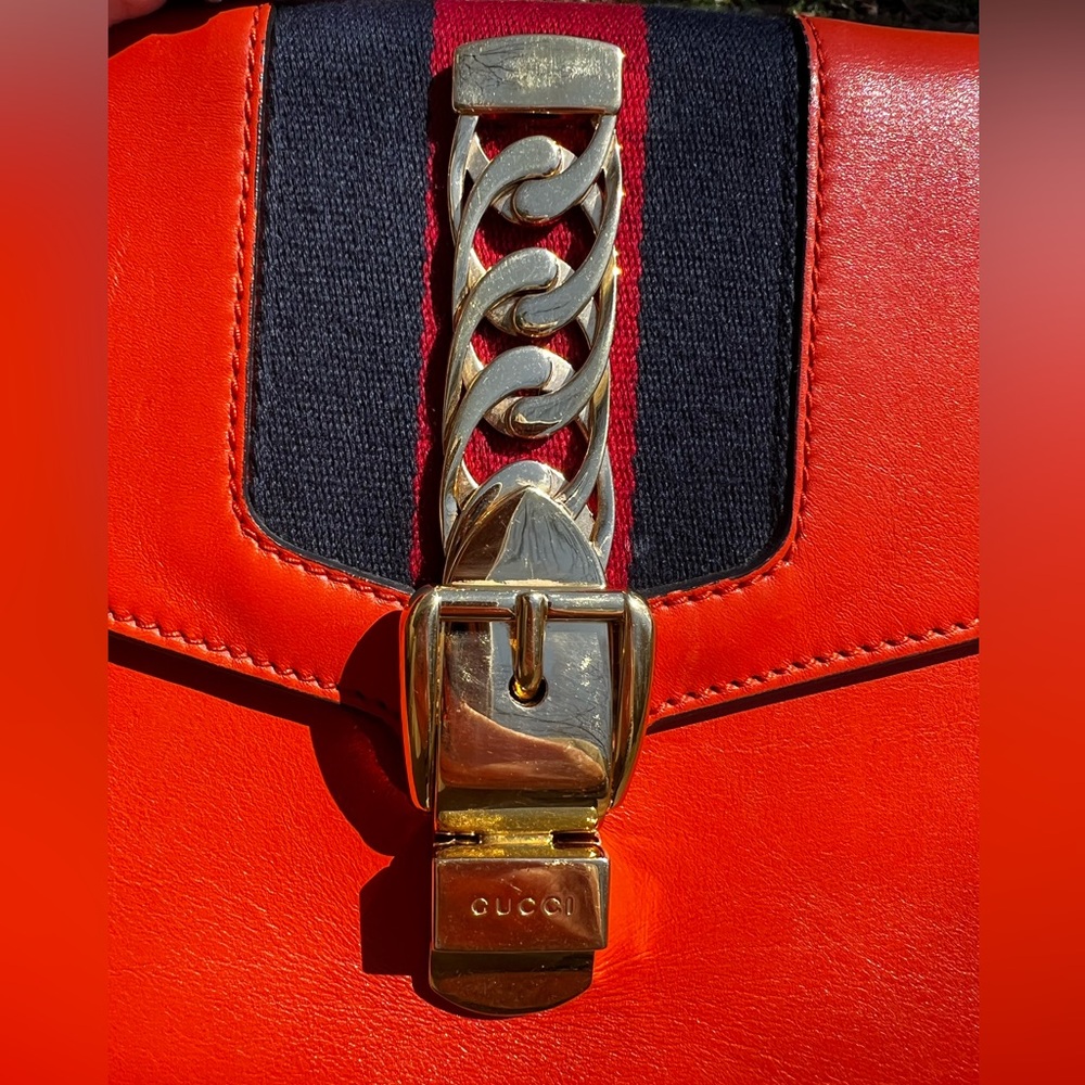 GUCCI Sylvie Bold Orange Wristlet/Shoulder Bag Authentic - Picture 7 of 17